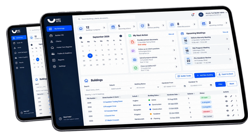 Arcsite handover dashboard shown on two tablets
