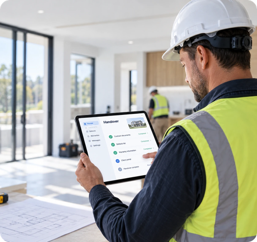 Builder reviewing a digital handover on a tablet